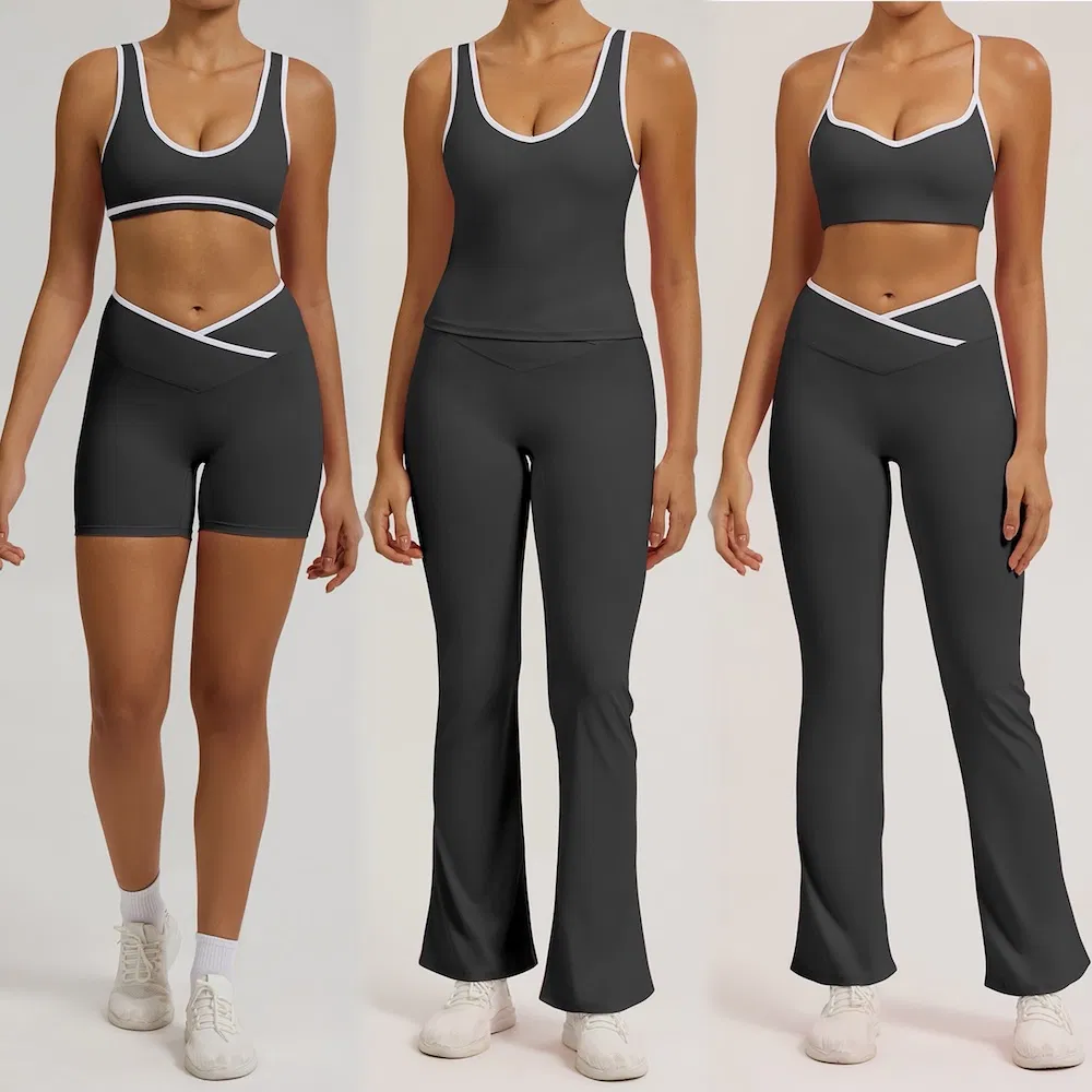 Nova Tendência 6 Peça Premium Colorida Bloco Sexy Roupas de Yoga Roupas de Treino para Mulheres, Roupas de Pilates 3 Tops com Cintura Cruzada Shorts de Yoga Roupas de Treino Calças Flare