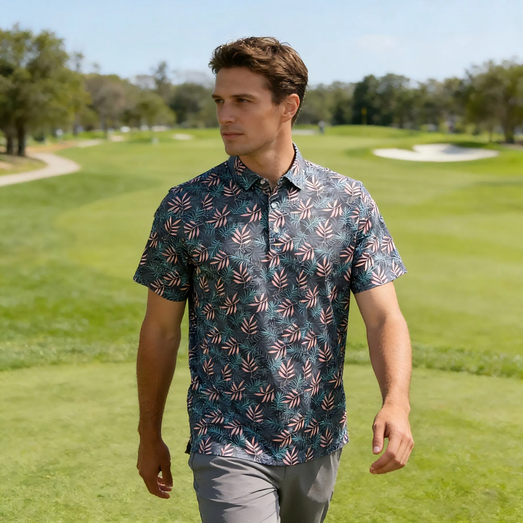 Camiseta Polo Masculina de Golfe com Mangas Curtas em Tecido Stretch para Golfe