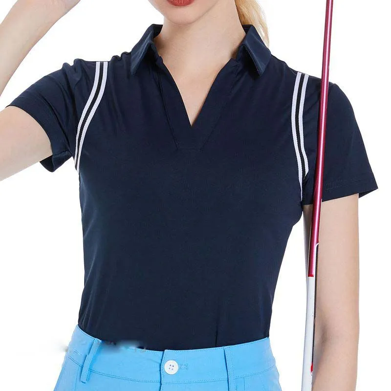 Conjunto de Roupas para Golfe Camiseta Polo Viscose com Decote em V e Mangas Curtas, Blusa Slim e Saia A-Line para Mulheres