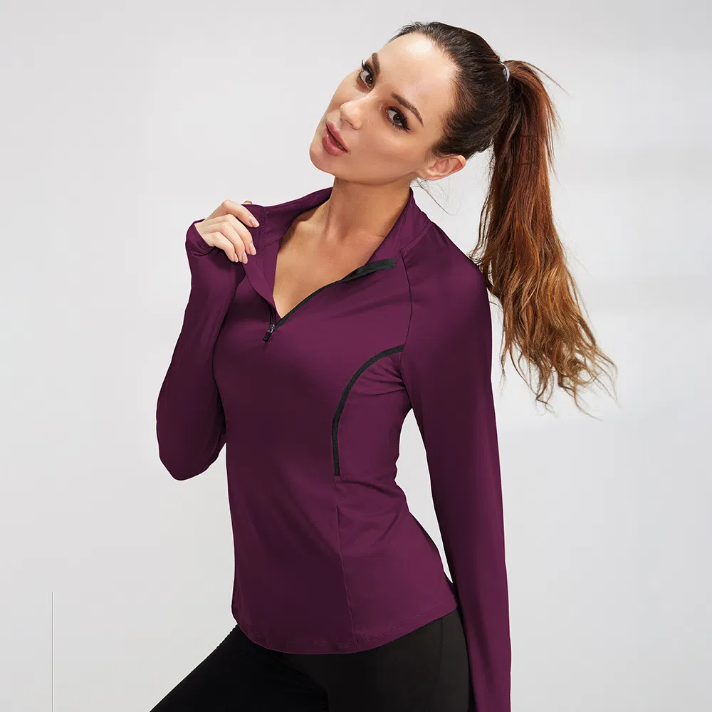 Roupas de Esporte Femininas de Manga Longa para Outono e Inverno, Roupas Justas de Alta Elasticidade, Moletom com Gola Alta de Secagem Rápida para Corrida e Yoga