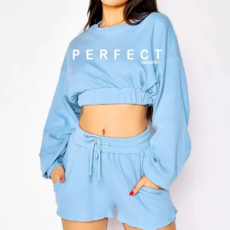 Conjunto de moletom cropped slim fit de cor sólida personalizado por atacado, casual, duas peças, com zíper, moda esportiva para mulheres