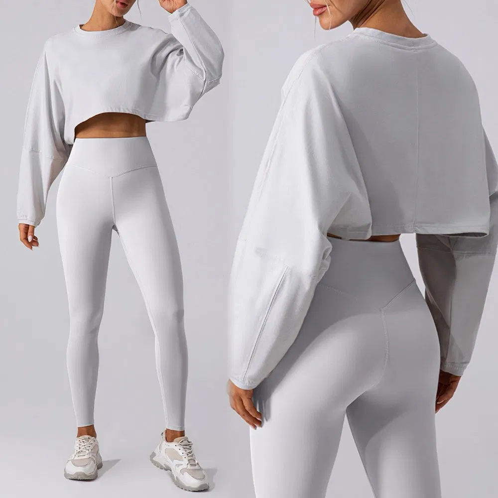 Conjunto de Roupas de Treino Casuais para Mulheres com Logo Personalizado 2 PCS, Suéteres Cropped de Manga Longa com Ajuste Solto + Conjuntos de Leggings de Yoga