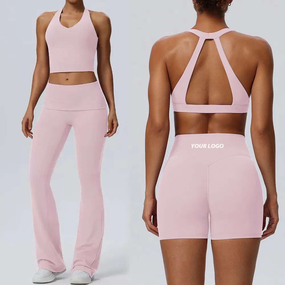 Conjunto de Roupas Ativas Sem Costas Selecionado como Topo pela Amazon 4PCS Roupas de Fitness Premium para Mulheres, Sexy Sutiã Esportivo com Decote em V + Camisetas + Shorts de Treino + Calças de Yoga Flare