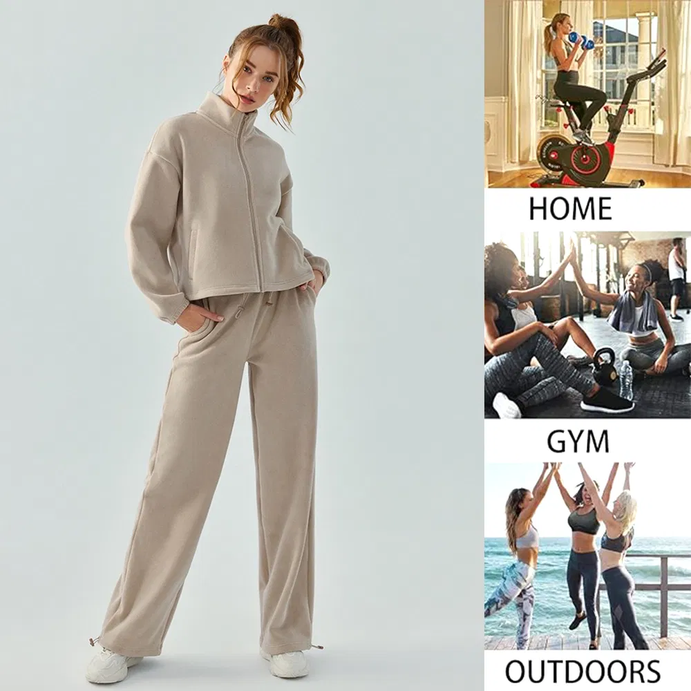 Conjuntos de moletom plus size forrados de fleece para atacado, roupas esportivas de ginásio, vestuário de rua personalizado, jaqueta casual com zíper + calças jogger, conjuntos de treino para mulheres