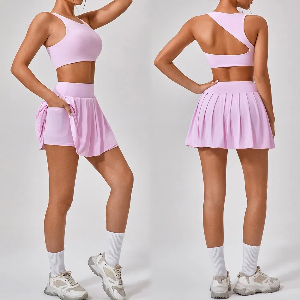 3PCS Novas Roupas de Exercício de Golfe com Design Fofo para Mulheres, Sutiã Esportivo + Vestido de Tênis com Shorts + Jaqueta Atlética com Zíper e Bolsos Anti UV