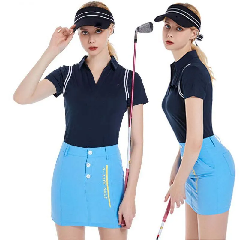 Conjunto de Roupas para Golfe Camiseta Polo Viscose com Decote em V e Mangas Curtas, Blusa Slim e Saia A-Line para Mulheres