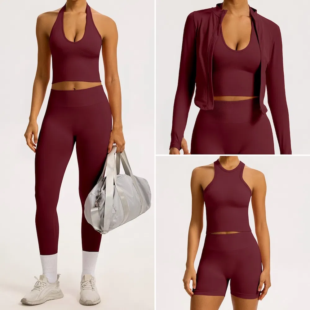 Personalize o Logotipo da Marca 5PCS Conjunto de Roupas Ativas Sem Costura para Mulheres, Tops de Yoga Fofos + Shorts Esportivos de Cintura Alta + Leggings + Jaqueta Esportiva Roupas de Academia