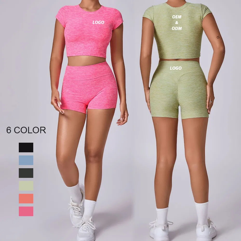 Novos Conjuntos de Roupas de Academia de Compressão Premium e Macias para Mulheres, Camisetas de Corrida de Duas Peças com Shorts de Cintura Alta para Treino Conjuntos de Roupas Ativas de Verão 2PCS