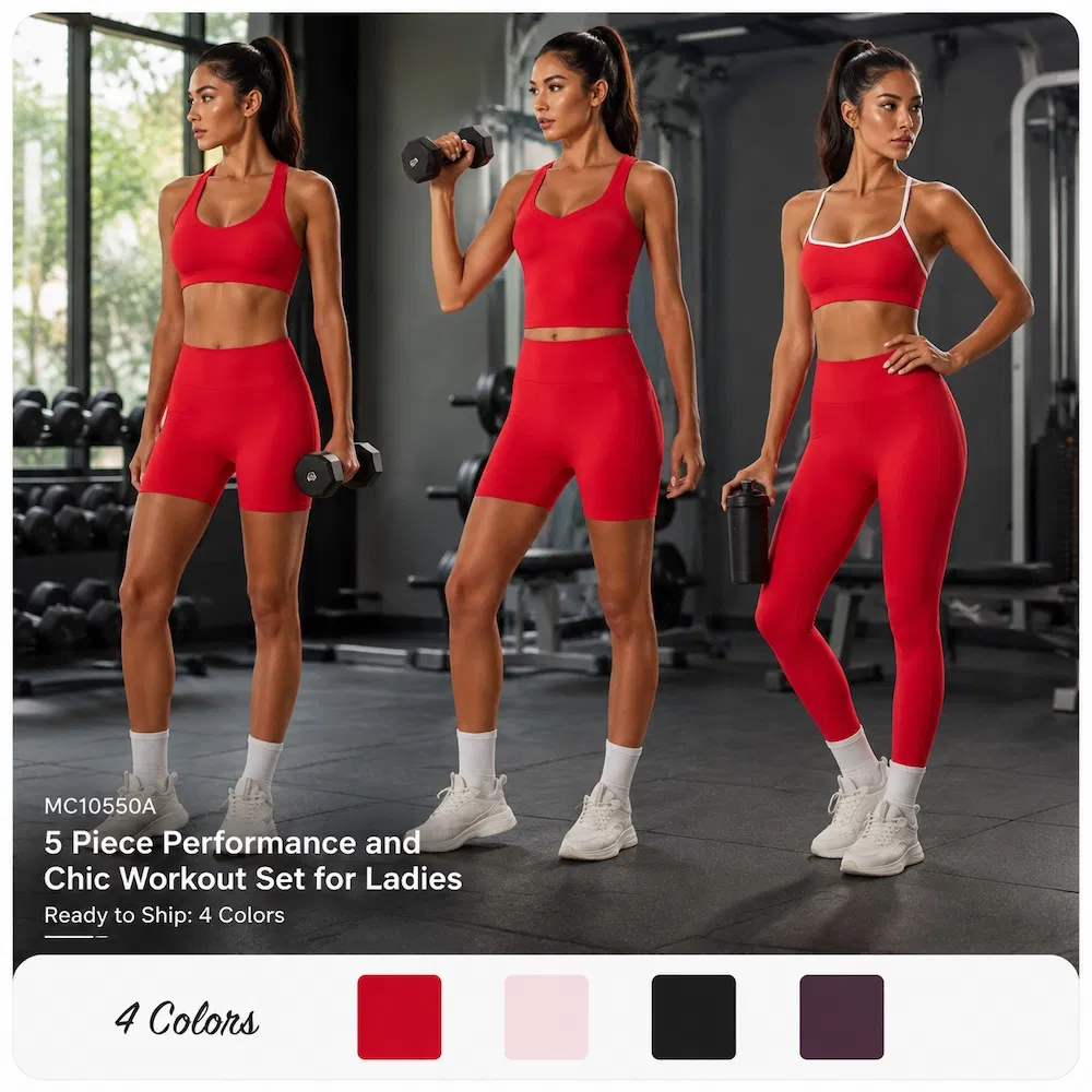 Roupas de Fitness Sexy Novas Tendências Conjunto de Roupas de Ginástica em Bloco de Cores para Mulheres, 3 Estilos Sutiã Esportivo + Shorts Biker + Leggings de Corrida 5PCS Conjunto de Yoga para Treino Combinar