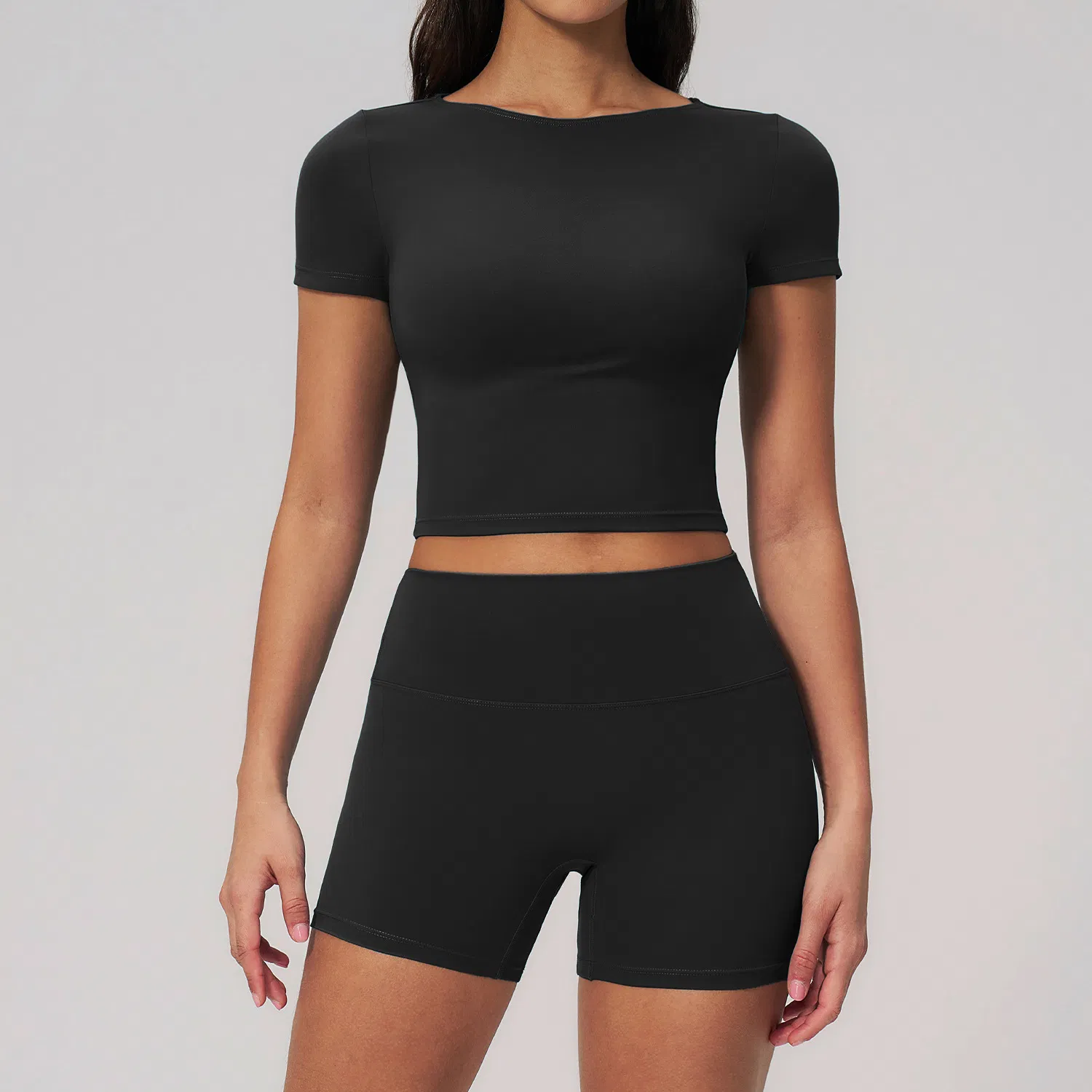 Conjunto de Top de Yoga Cortado e Shorts de Cintura Alta para Mulheres, Roupa de Fitness, Tecido que Remove o Suor, Roupas de Academia, Design Sem Costura, Ajuste Confortável, Compre Online, Frete Grátis