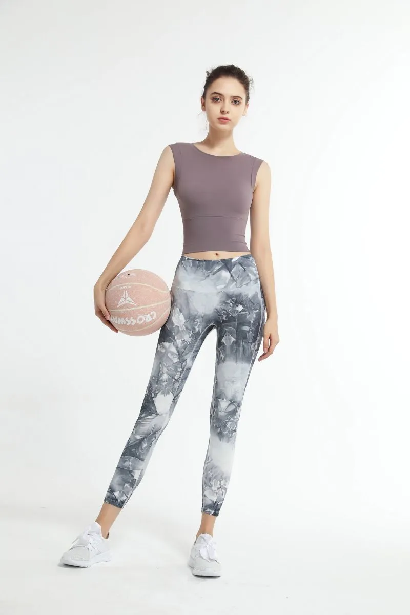 Conjunto de Yoga Feminino com Estampa Elegante, Calças de Ginástica com Push Up