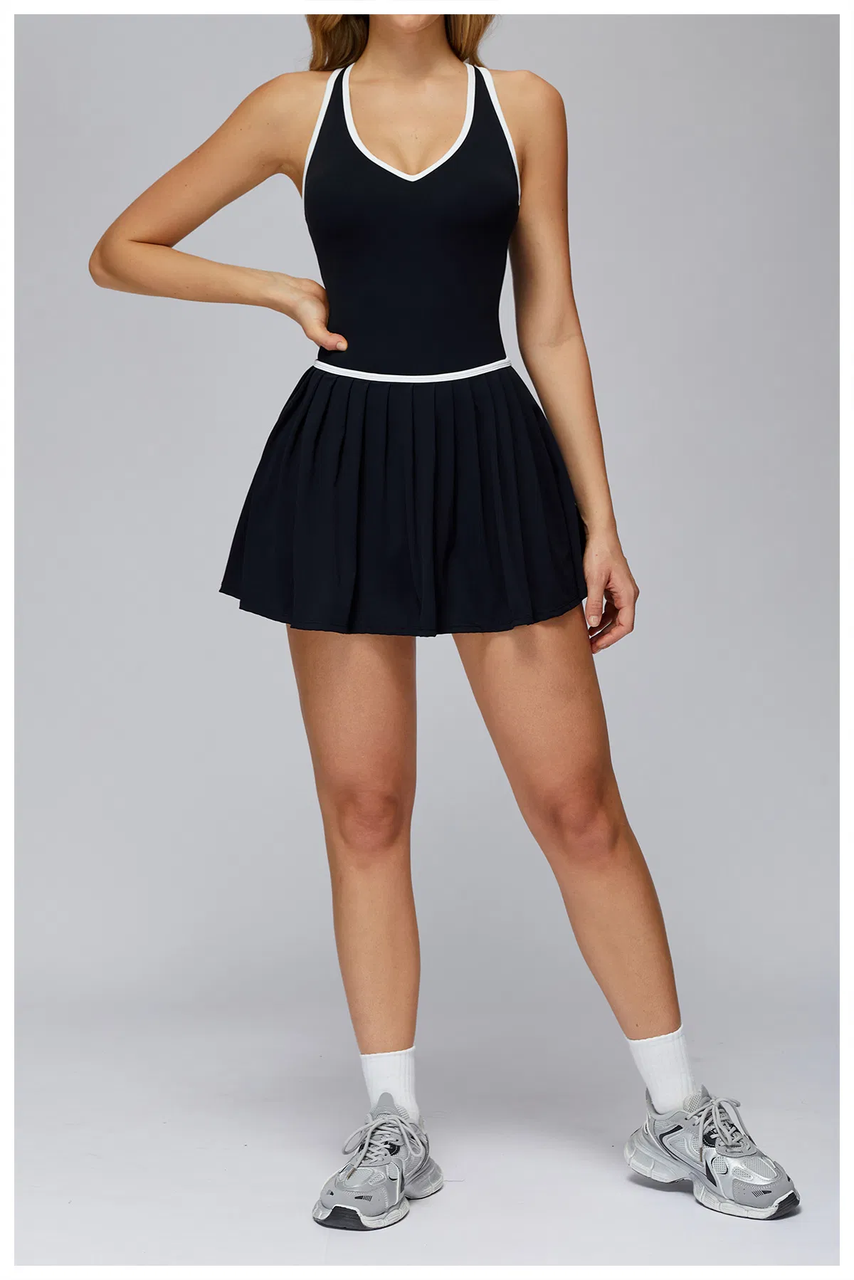Vestido de Tênis Feminino de Alta Qualidade para Esportes ao Ar Livre, Corrida, Fitness, Academia, Conjunto Falso de Duas Peças, Saia com Shorts Embutidos, Antiexposição, OEM, Atacado, Roupas Personalizadas
