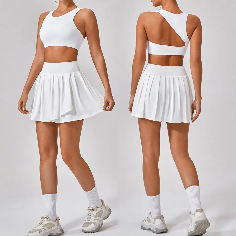 3PCS Novas Roupas de Exercício de Golfe com Design Fofo para Mulheres, Sutiã Esportivo + Vestido de Tênis com Shorts + Jaqueta Atlética com Zíper e Bolsos Anti UV