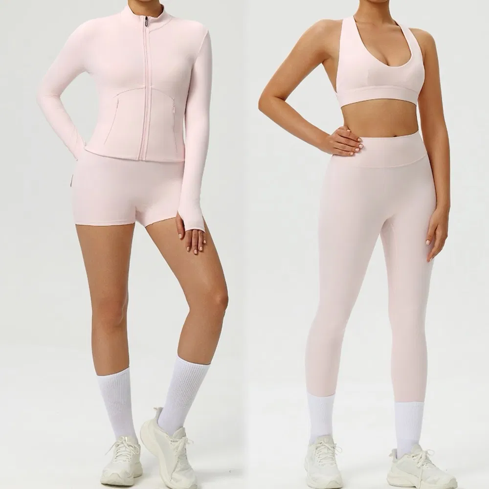 Tianchen Novo Design 4PCS Roupas de Exercício Elegantes e Funcionais para Mulher, Shorts de Corrida Levantadores de Quadril + Leggings + Sutiã Esportivo + Jaqueta de Yoga Conjunto de Roupas de Exercício Chiques