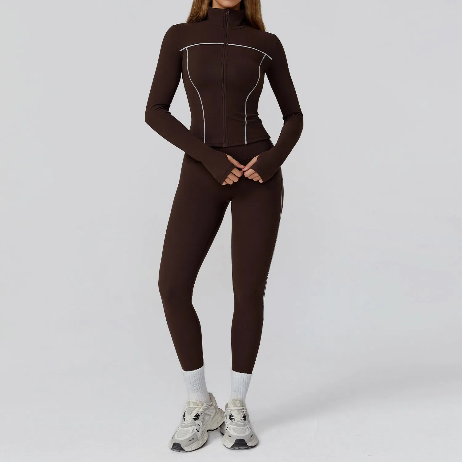 Conjunto de Yoga Slim Fit com Zíper em Bloco de Cores para Mulheres – 2-Piece Conjunto de Roupas Ativas com Topo com Costas Vazadas e Leggings, Roupas Esportivas de Secagem Rápida para Corrida e Academia
