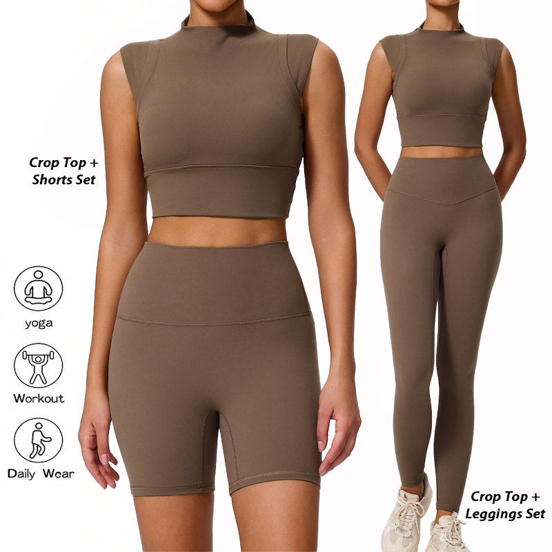 Conjunto de Roupas de Treino Fashion Trendy Slim Fit 2/3PCS para Mulheres, Top de Esporte com Gola Alta + Shorts de Yoga de Cintura Alta + Leggings de Corrida