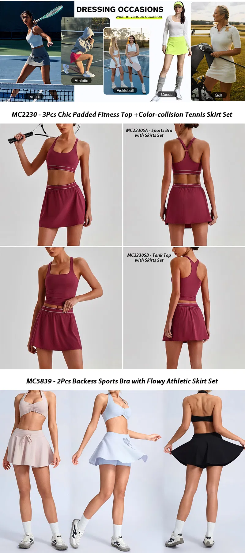 Conjunto de Moda Quente da Amazon 2 Conjunto de Roupas de Exercício Sem Costas para Padel Tênis para Mulheres, Sutiã Esportivo com Gola Halter + Saia Atlética Fluida com Shorts + Bolso