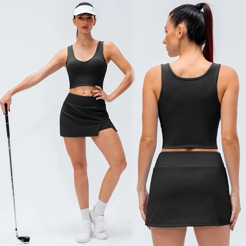 Conjunto de Roupas de Verão para Esportes de Atacado 2PCS Roupas de Tênis para Mulheres, Saia de Golfe Mini Canellada com 3 Bolsos + Shorts Internos com Camisetas Casuais