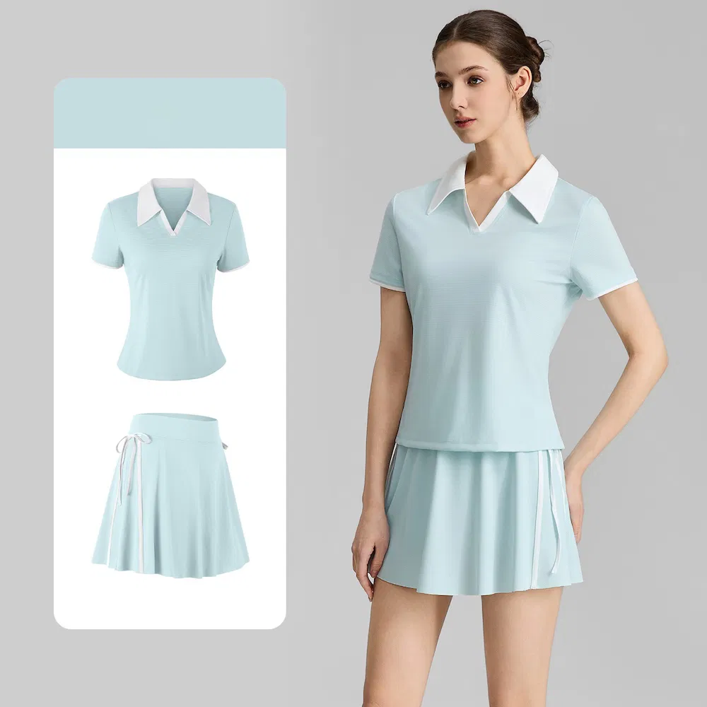 Último Design 2 Peça de Roupas Esportivas de Alto Desempenho para Mulher, Camisetas de Treino com Decote em V em Cores Contrastantes com Saia de Tênis de Secagem Rápida, Roupas de Golfe Fashionáveis