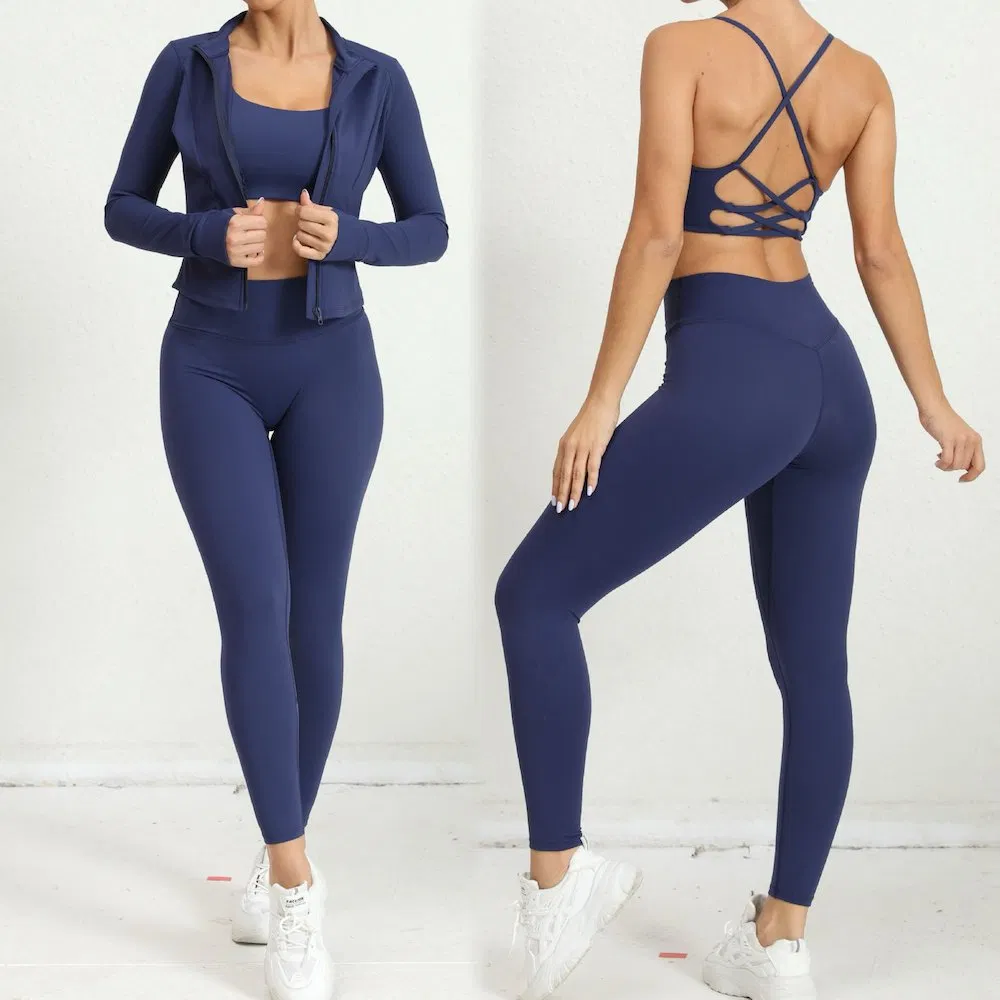 Personalize o Logotipo 3PCS Roupas Casuais Sexy e Quentes para Esportes, Casaco de Fitness de Manga Longa + Sutiã de Yoga com Costas Strappy + Conjunto de Leggings de Ginástica