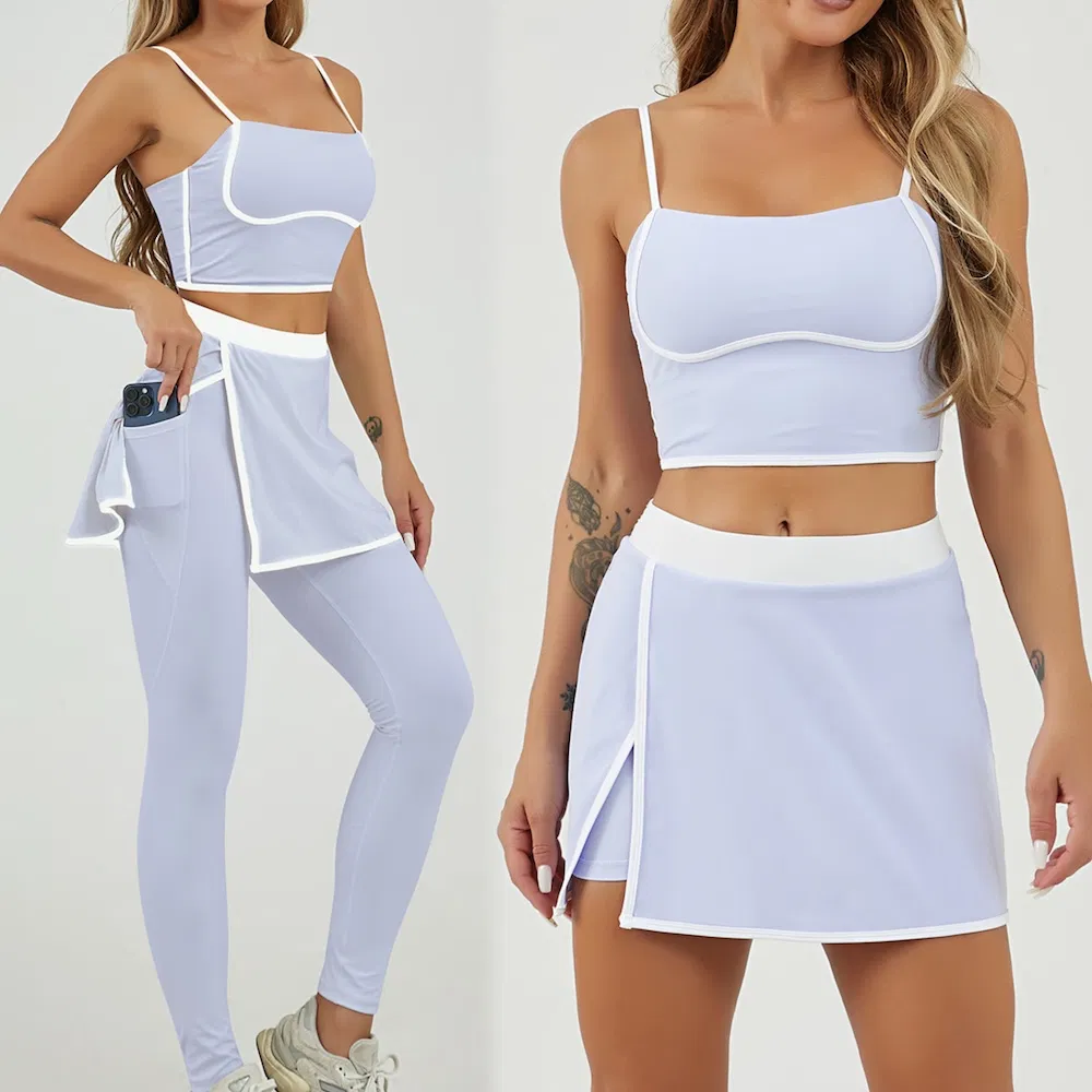 Nova Tendência 3PCS Roupas de Esporte em Cores Patchwork para Mulheres, Top Esportivo Fofo + Saias de Tênis + Leggings com Saia e Bolso Conjuntos de Roupas Ativas Coordenadas