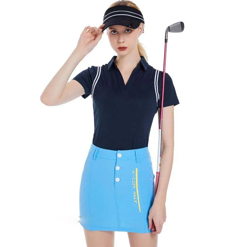 Conjunto de Roupas para Golfe Camiseta Polo Viscose com Decote em V e Mangas Curtas, Blusa Slim e Saia A-Line para Mulheres