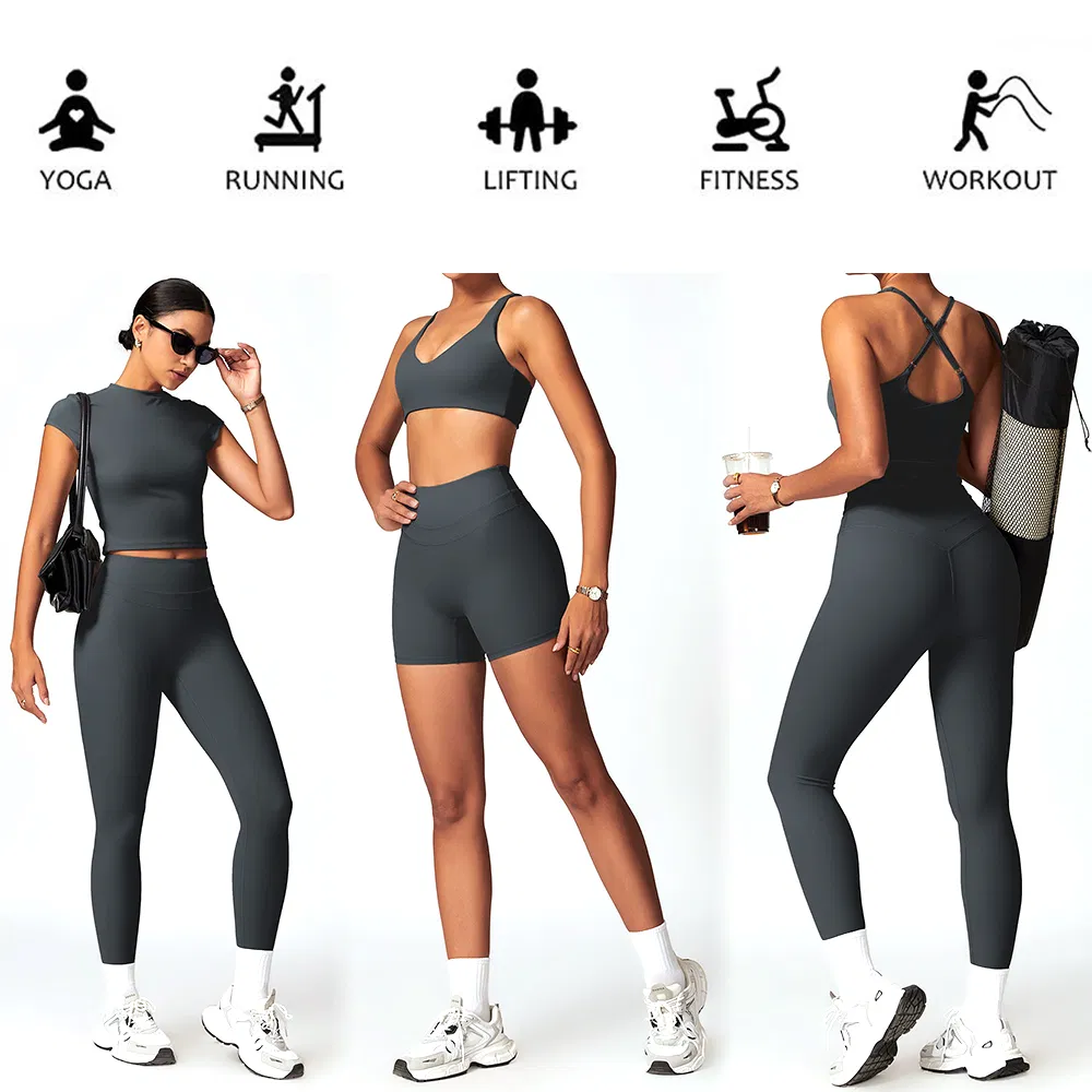 Novo Design de Moda 5PCS Conjuntos de Fitness Premium para Ginásio Roupas de Exercício para Mulheres, Atacado Roupas de Treino Elegantes, Top de Yoga com Costas Cruzadas Roupas de Yoga Sexy
