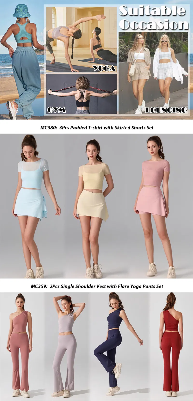Novo design, 3 peças, roupa de exercício de ioga e Pilates Parte superior almofadada com conjunto de saia