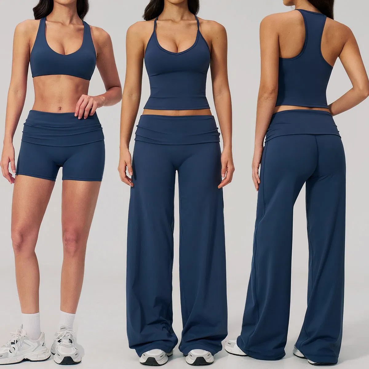 Conjunto de Roupas de Ginástica Femininas 5 Peças Básicas, Tops Cropped e Calças Retas com Cintura Dobrada, Shorts Casuais para Treino e Yoga, Roupas Esportivas
