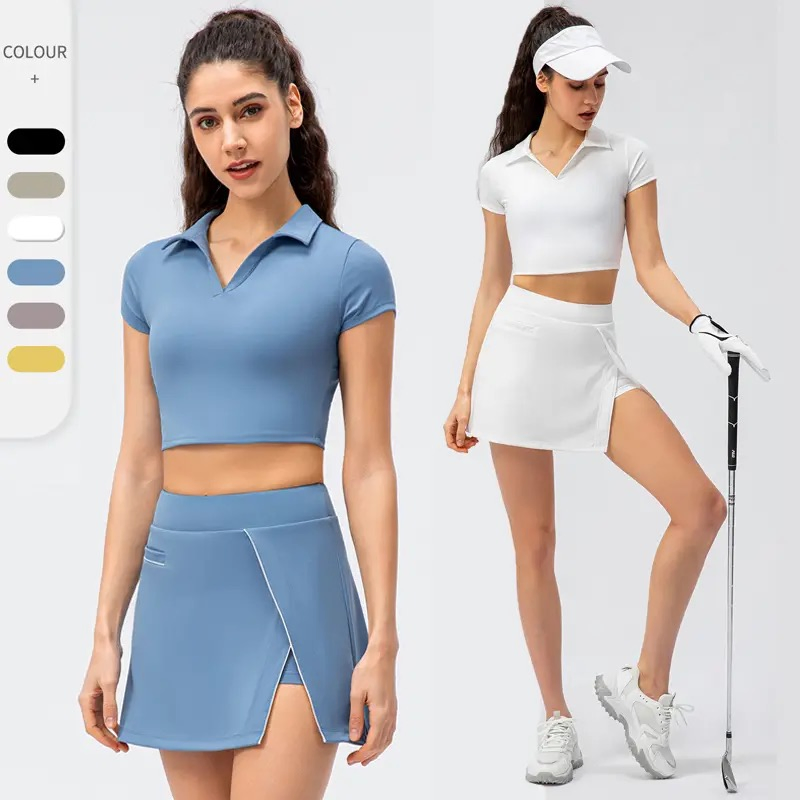 Novo Design Fofo Conjunto de Duas Peças Rápido Secagem Tênis Exercício Culotes Roupas Esportivas para Mulheres, Camiseta Cropped com Decote em V e Saias Atletas para Corrida e Treino