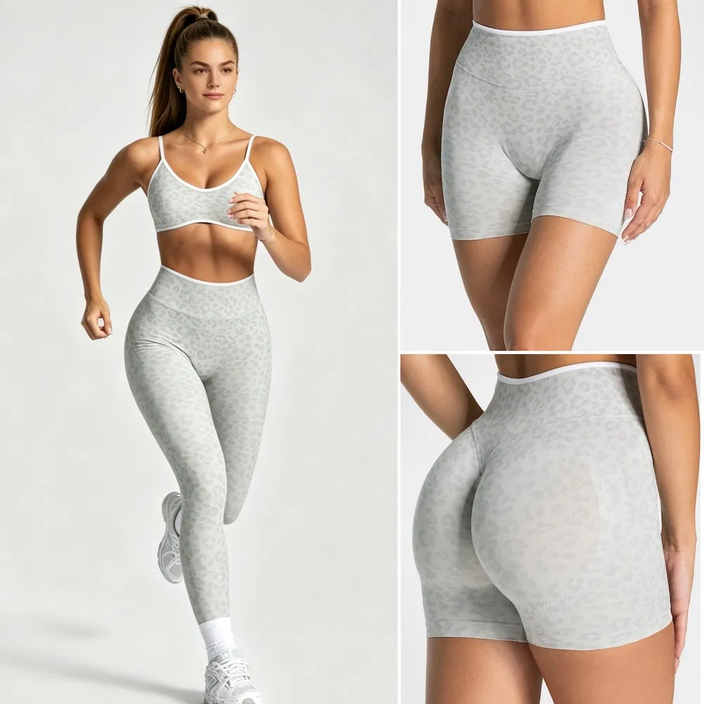 Conjunto de Roupas de Ginástica e Fitness com Estampa de Leopardo 3 para Mulheres, Shorts de Cintura Alta + Leggings de Yoga + Sutiã Esportivo Conjuntos de Roupas Ativas Sem Costura