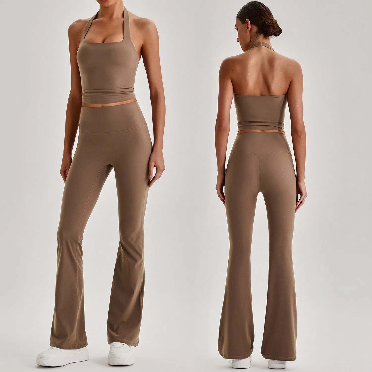 Conjunto de Yoga Feminino Personalizado de 2 Peças com Top Cropped de Decote Halter Costas Nuas e Leggings de Cintura Alta com Pernas Largas 4 Com Stretch de Duas Maneiras e Respirável para Treino na Academia