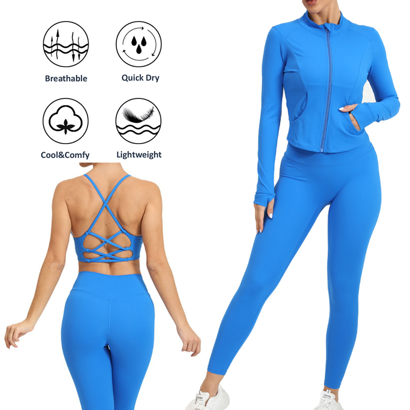 Personalize o Logotipo 3PCS Roupas Casuais Sexy e Quentes para Esportes, Casaco de Fitness de Manga Longa + Sutiã de Yoga com Costas Strappy + Conjunto de Leggings de Ginástica