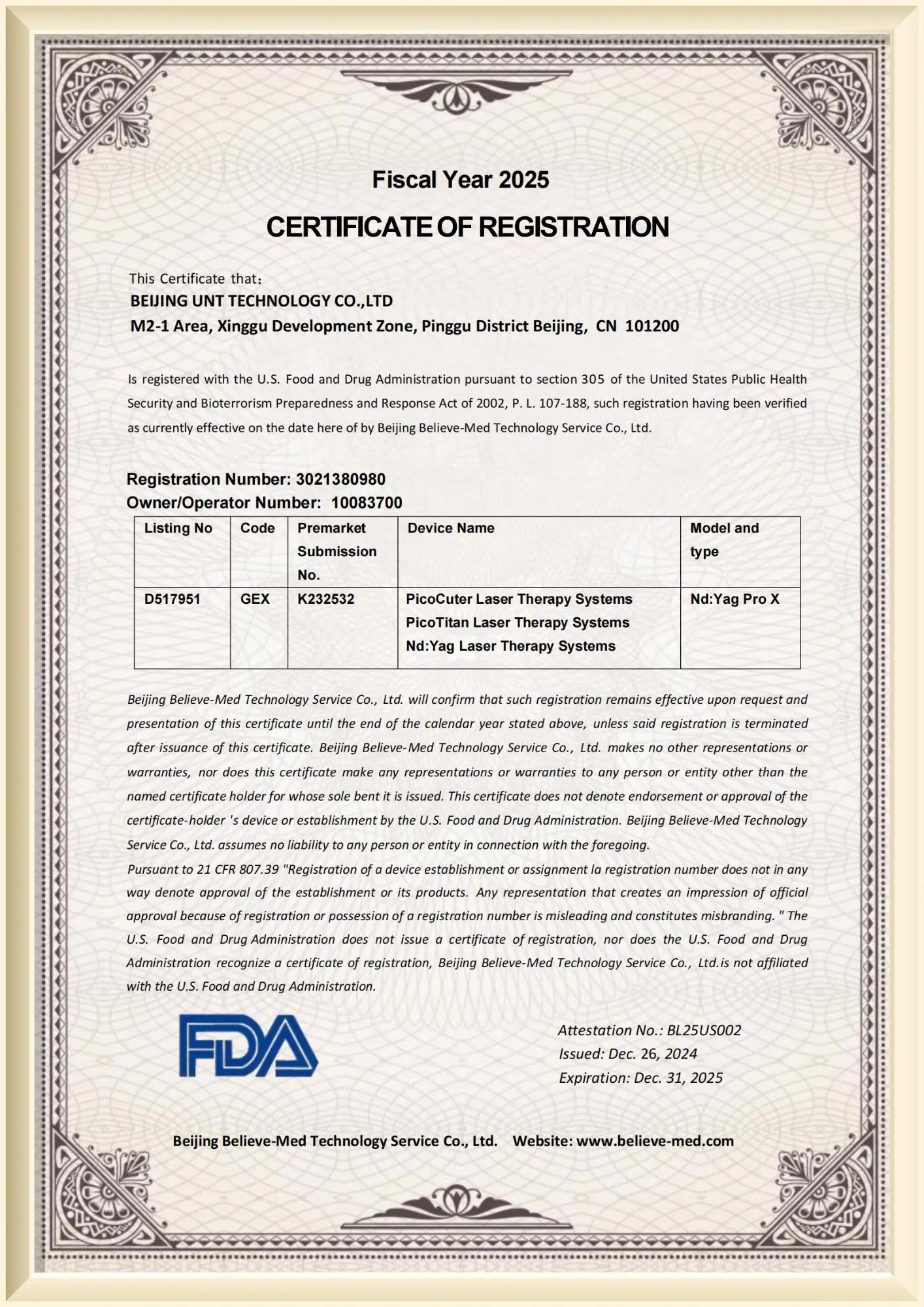 Certificate FDA 510K