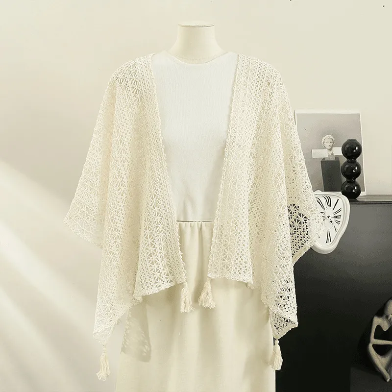 Women's Autumn Slouchy Cape Wrap Knitted Tassel Cardigan Women's Thin Spring and Autumn Shawl