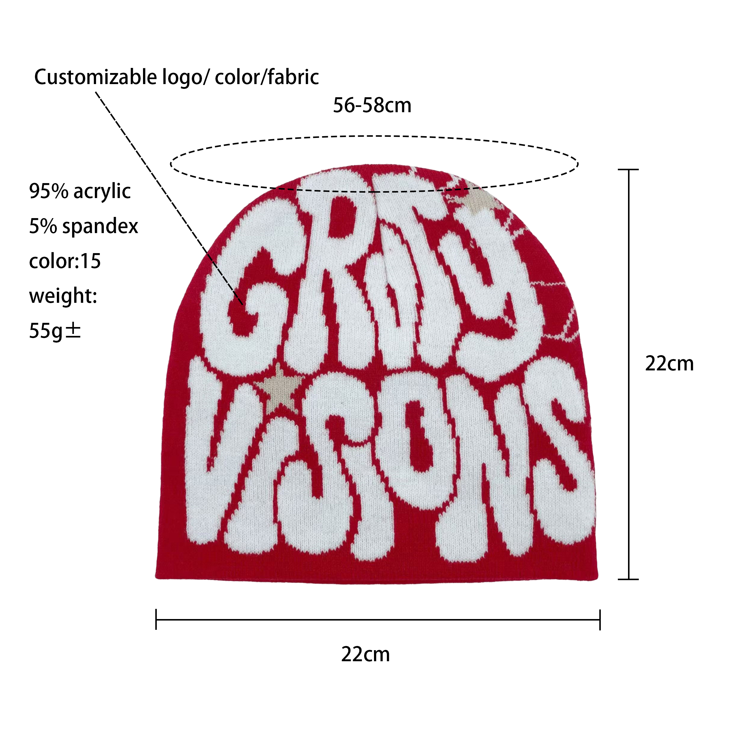 Low MOQ Manufacturer Custom Design All Over Print Y2K Jacquard Knit Cuffless Reversible Hat Beanie With Logo
