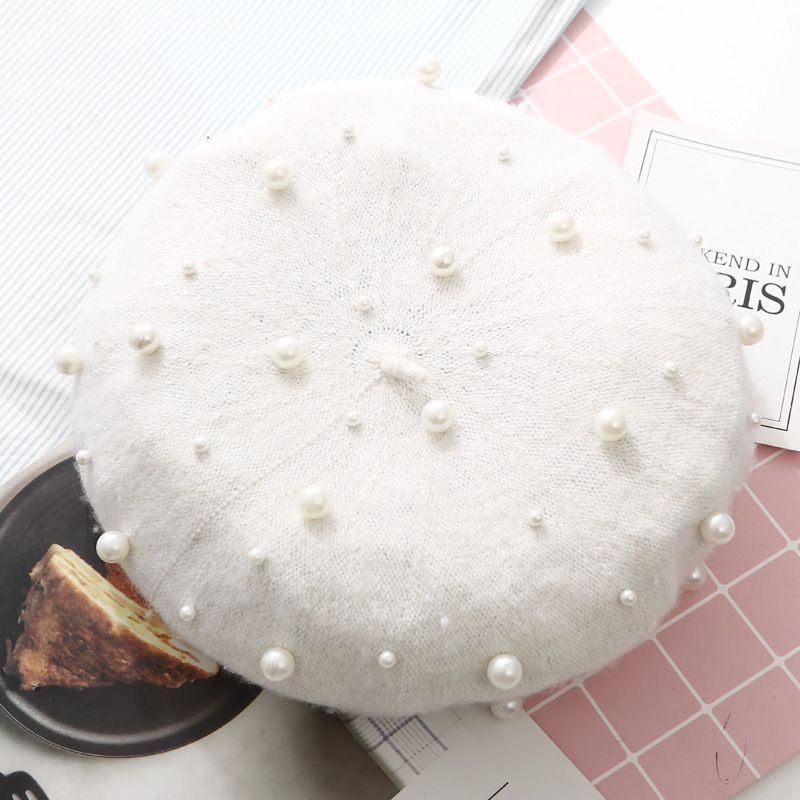 Autumn Winter Wholesale Fashion Pearl Beret Women Pearls Black Beret Cap Cashmere Beret Hat for Women