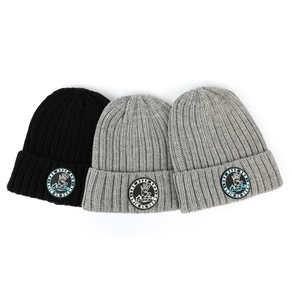 High Quality Custom Unisex Rubber Patch Logo 100% Acrylic Cuffed Knitted Beanie,Men Skull Winter Hat Fisherman Beanie Cap