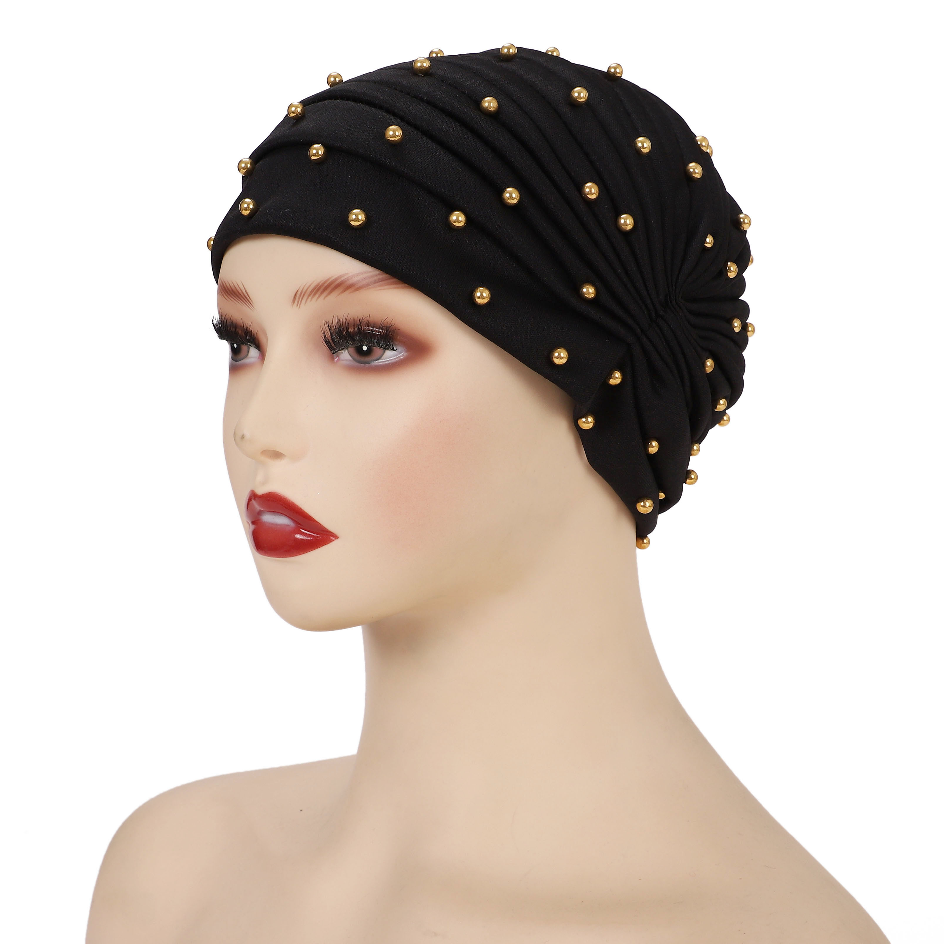 Wholesale Custom Hair Accessories Autumn Polyester Fitted Hats Beanie Headscarf Lovely Headwrap Muslim Beads Soft Women Turban