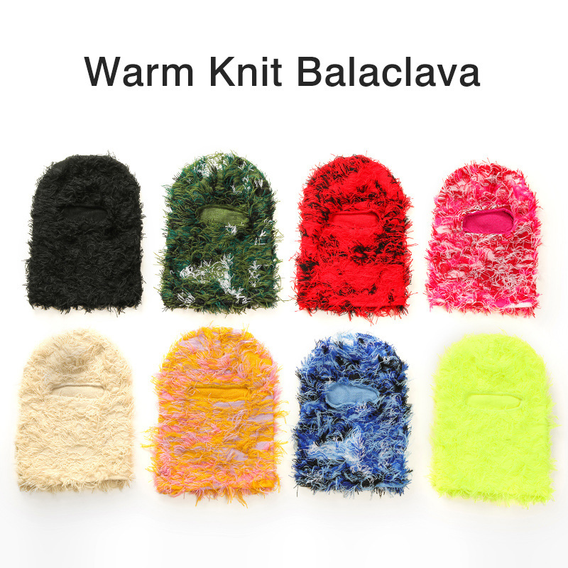 Winter Custom Logo Fuzzy Grassy One Hole Knit Camo Full Face Cover Ski Mask Distressed Balaclava Skimask