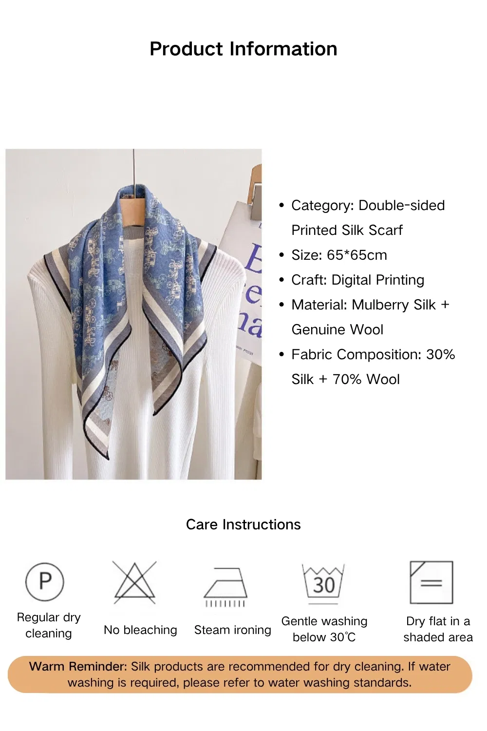 Luxury Silk Wool Blend Scarf Digital Double-Sided Printing Lightweight Square Shawl with Handmade Edge Rolling
