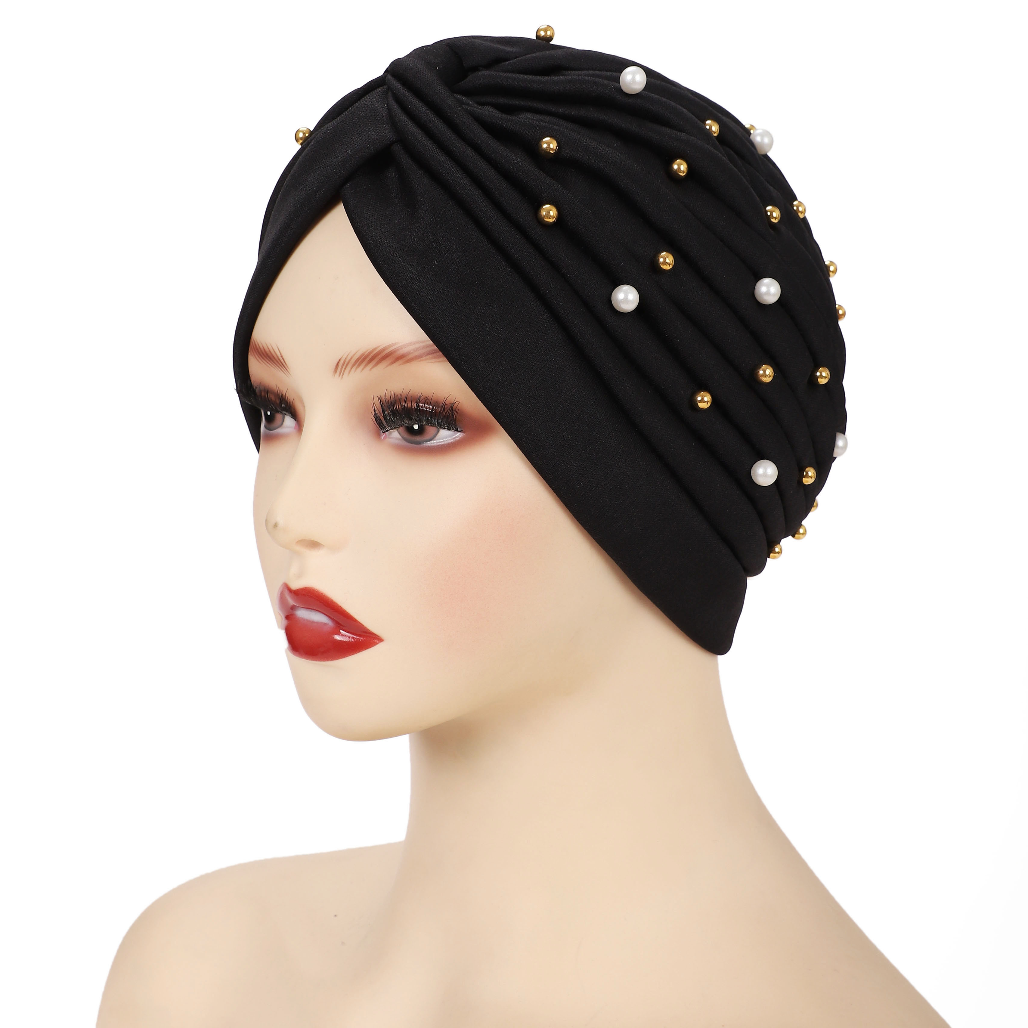 Wholesale Custom Hair Accessories Autumn Polyester Fitted Hats Beanie Headscarf Lovely Headwrap Muslim Beads Soft Women Turban