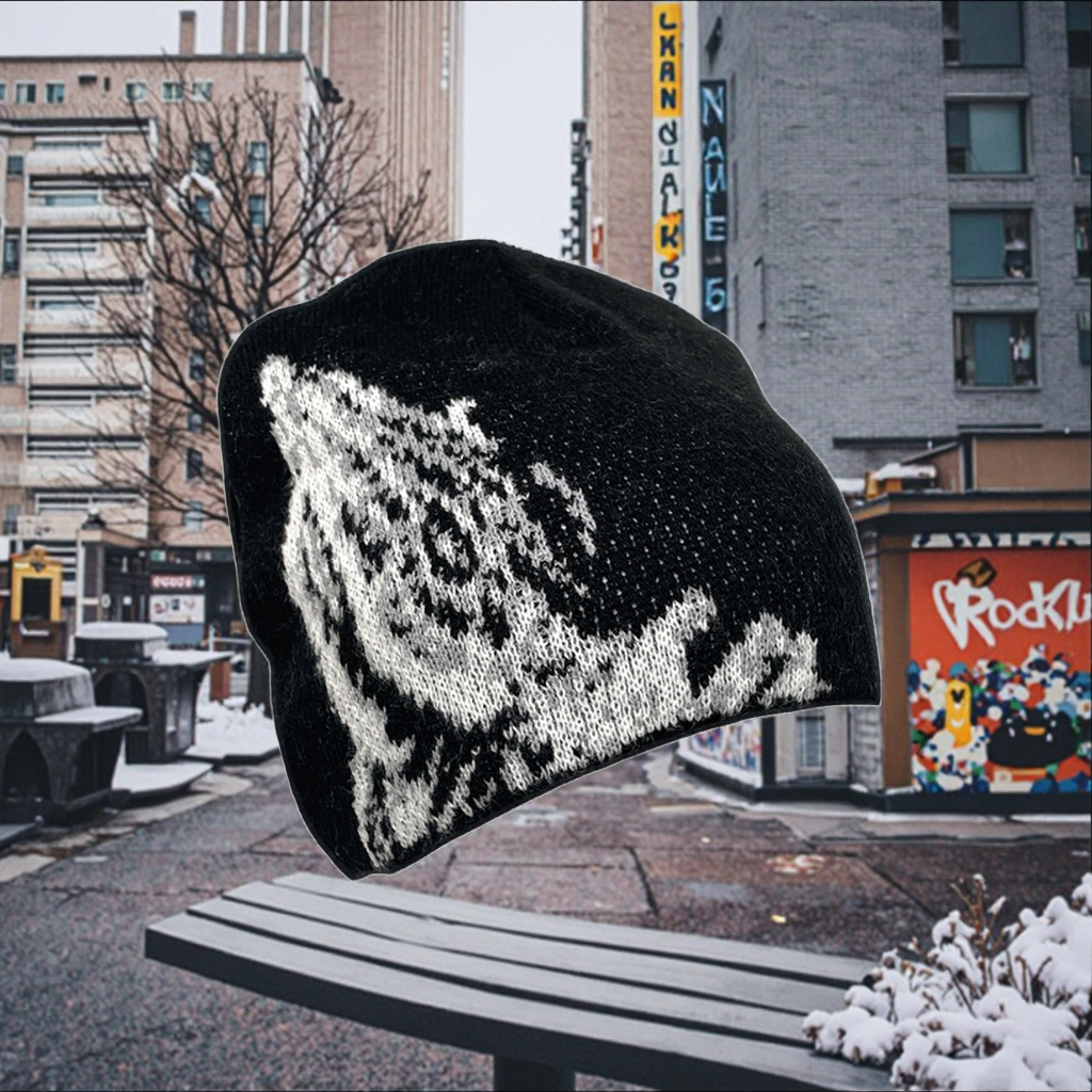 Y2K OEM Acrylic Jacquard Printed Skully Beanie Custom Embroidery Logo Winter Warm Knit Hat For Men Women Black Adult Travel