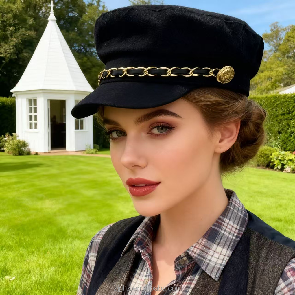 British Trendy All-Season Casual Canvas Beret Hat 50% Wool Golden Chain Unisex Adult 56-58CM Digital Printing Machine Embroidery
