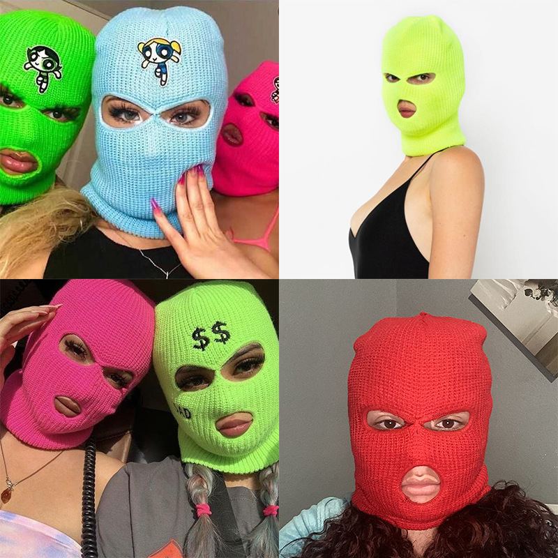 Custom Embroidery Logo Balaclava Skimask Winter Full Face Cover Knitted Balaclava Cap Men Women 3 Hole Balaclava