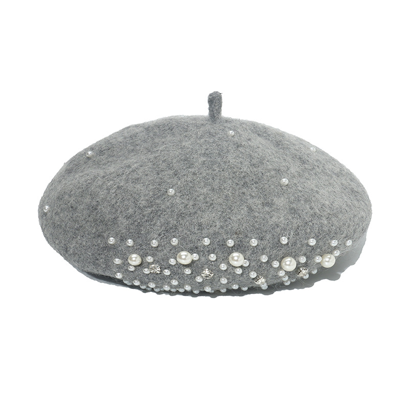 Women Fashion Wool Beret Custom Elegant Girls Beret with Pearl Rivets Wool Beret for Lady