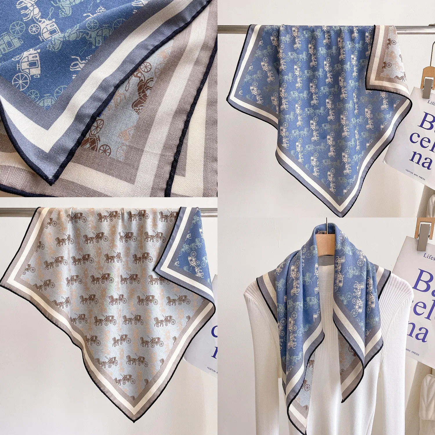 Luxury Silk Wool Blend Scarf Digital Double-Sided Printing Lightweight Square Shawl with Handmade Edge Rolling