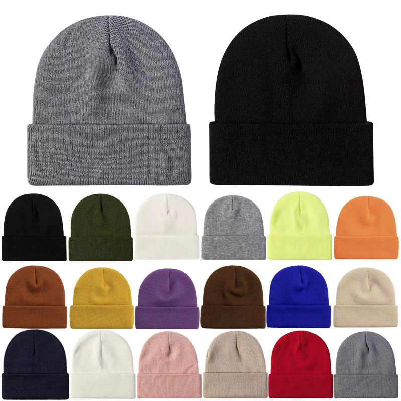 Customizable Logo Unisex Solid Color Knitted Hat Winter Warm Beanie with Rolled Edge Digital Printing Versatile Casual Look