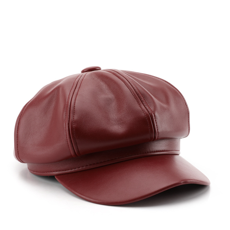 Octagonal PU Leather Breathable Women's Spring Autumn Solid Color 48-50cm Head Circumference Outdoor Street Warm Beret