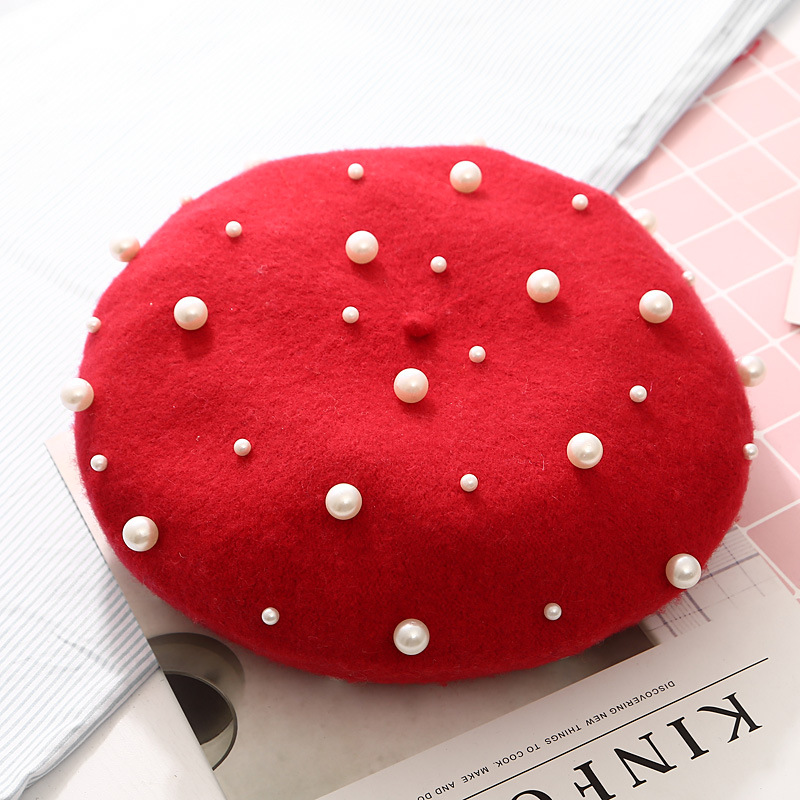 Autumn Winter Wholesale Fashion Pearl Beret Women Pearls Black Beret Cap Cashmere Beret Hat for Women